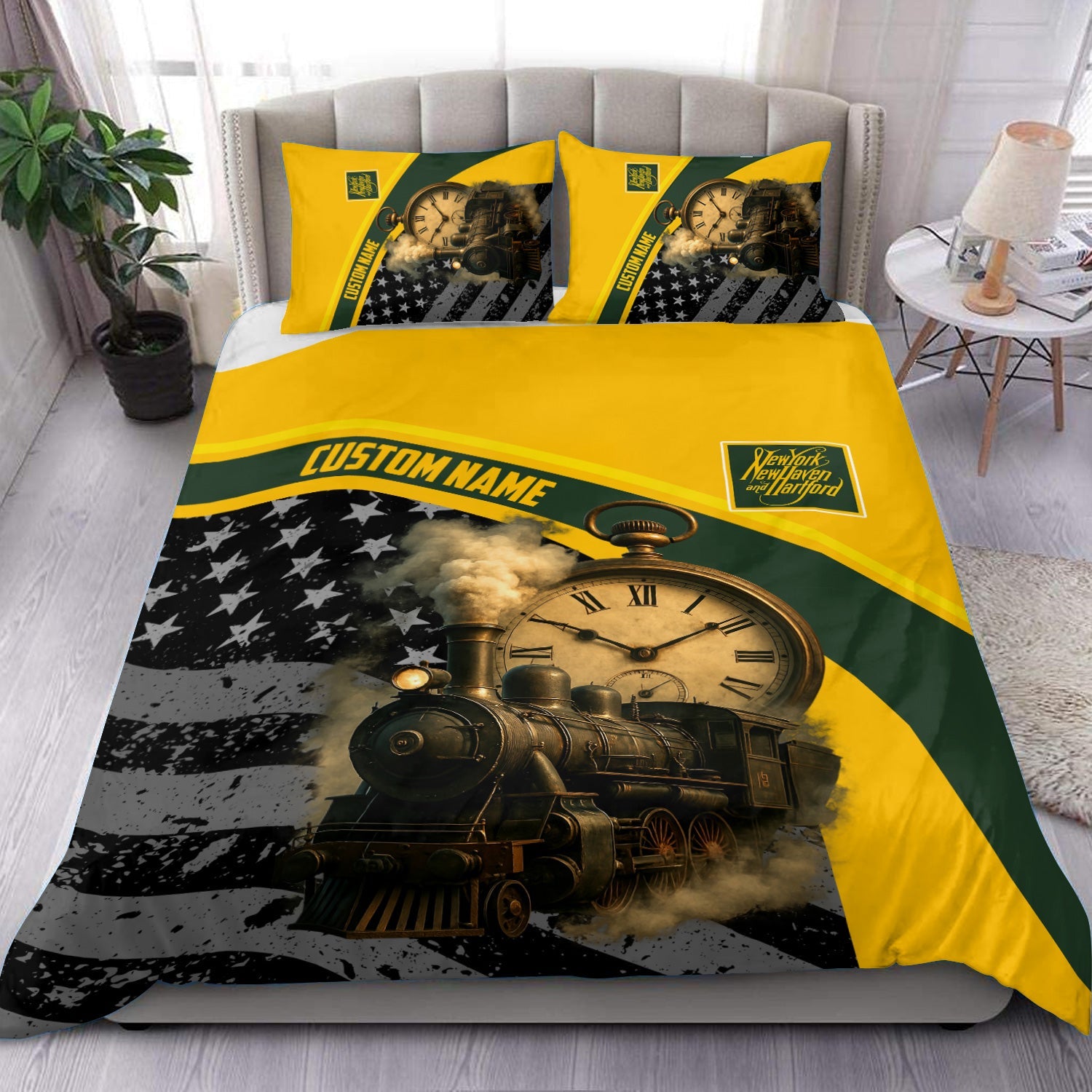 Railspirit Personalized New York, New Haven and Hartford Railroad Bedding Set Steam Engine With Retro Pocket Watch New Haven Railroad Bedding Set