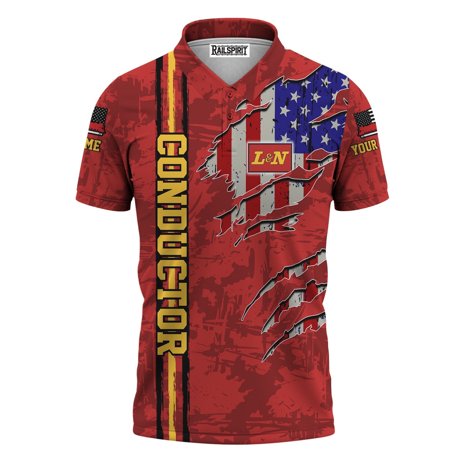 Railspirit Personalized Louisville and Nashville Railroad Polo Shirt USA Flag Claw Art with Custom Job L&N Train Shirt