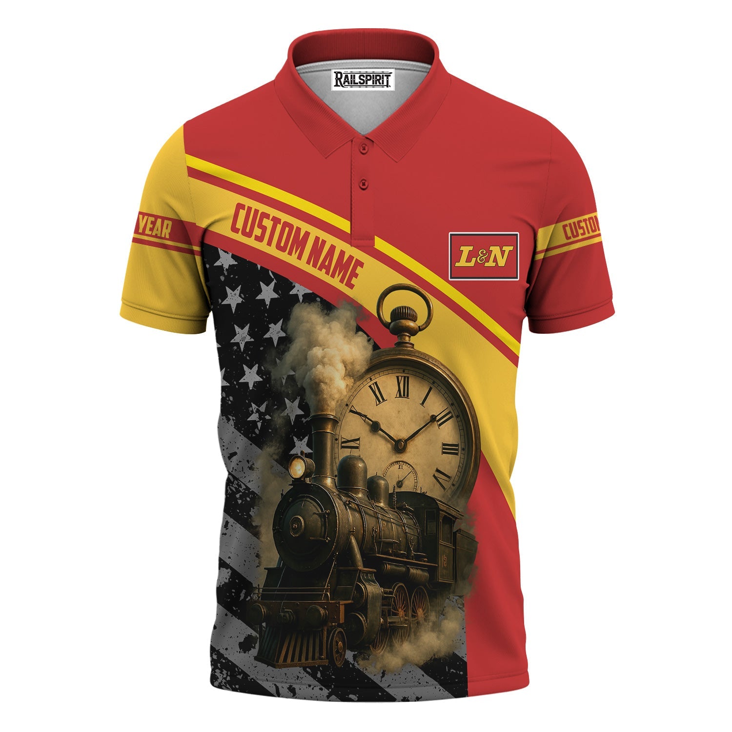 Railspirit Personalized Louisville and Nashville Railroad Polo Shirt Classic Steam Engine With Retro Pocket Watch L&N Shirt All Over Print