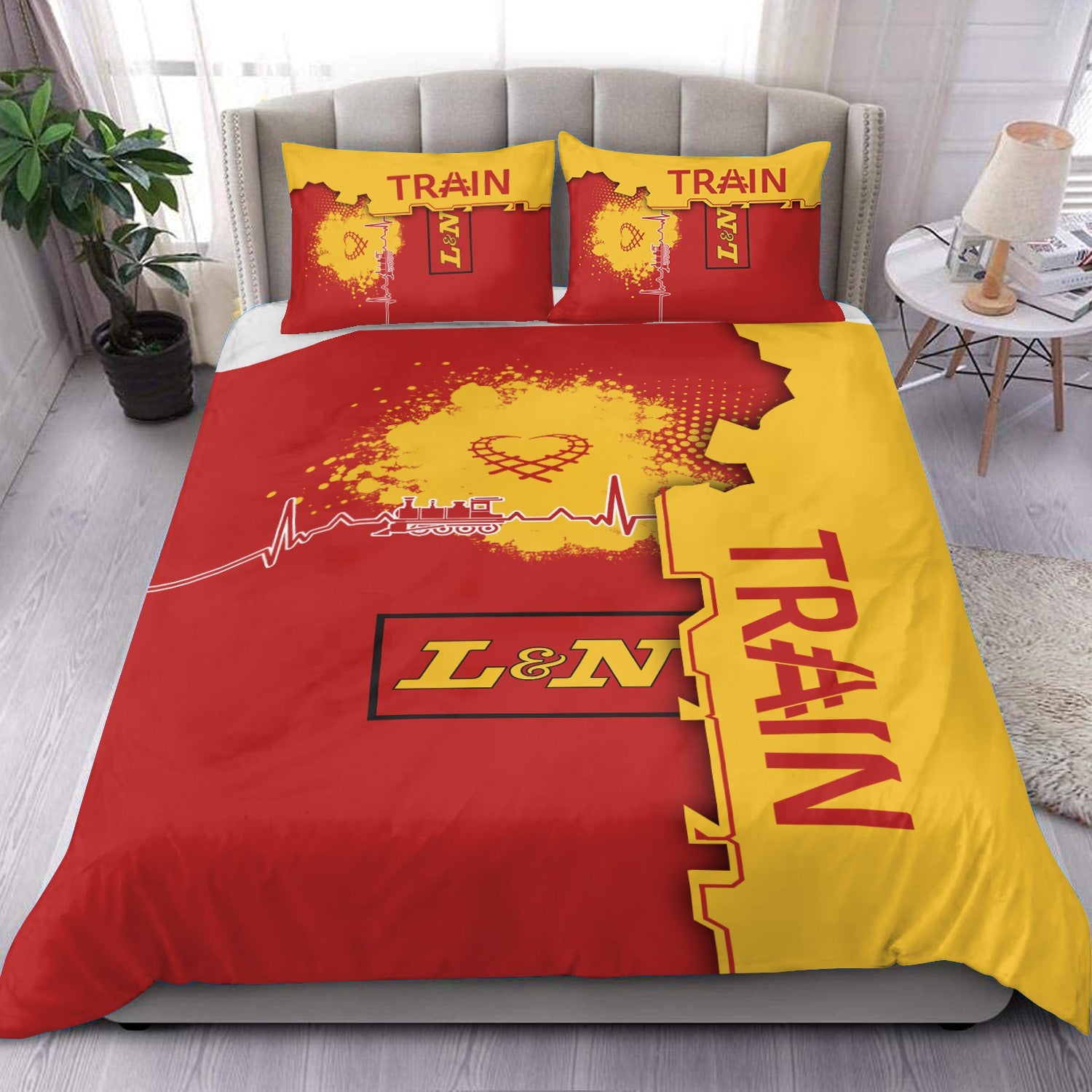 Railspirit Louisville and Nashville Railroad Bedding Set Engine Heartbeat and Track Love Style L&N Bedding Set Gift Idea For Train Lovers