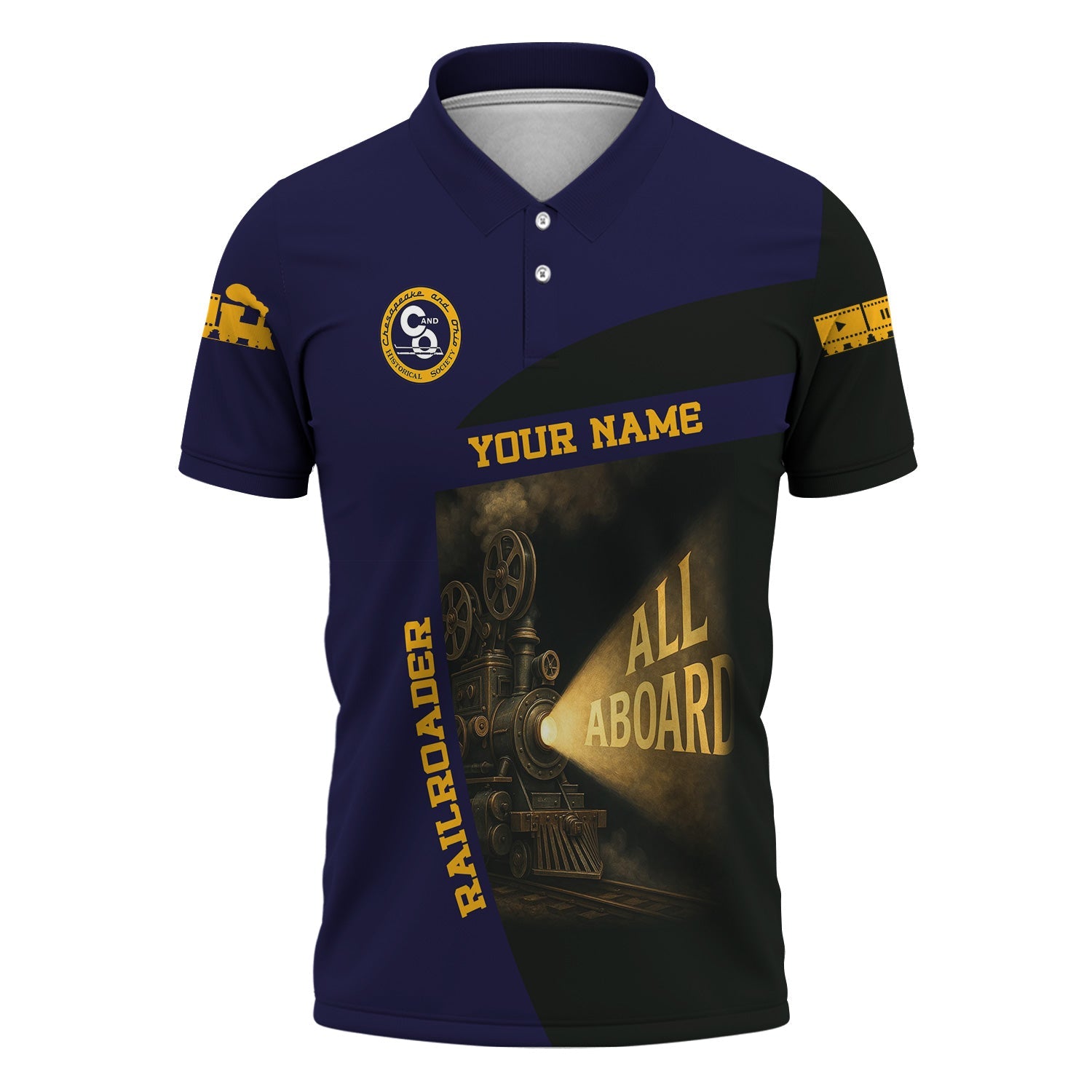 Railspirit Personalized Chesapeake and Ohio Railway Polo Shirt All Aboard Steam Train Movie Projector Style C&O Shirt