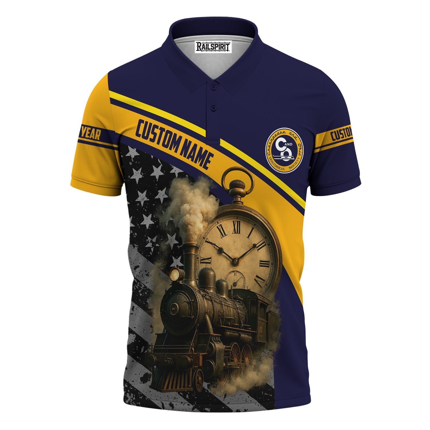 Railspirit Personalized Chesapeake and Ohio Railway Polo Shirt Classic Steam Engine With Retro Pocket Watch C&O Shirt All Over Print