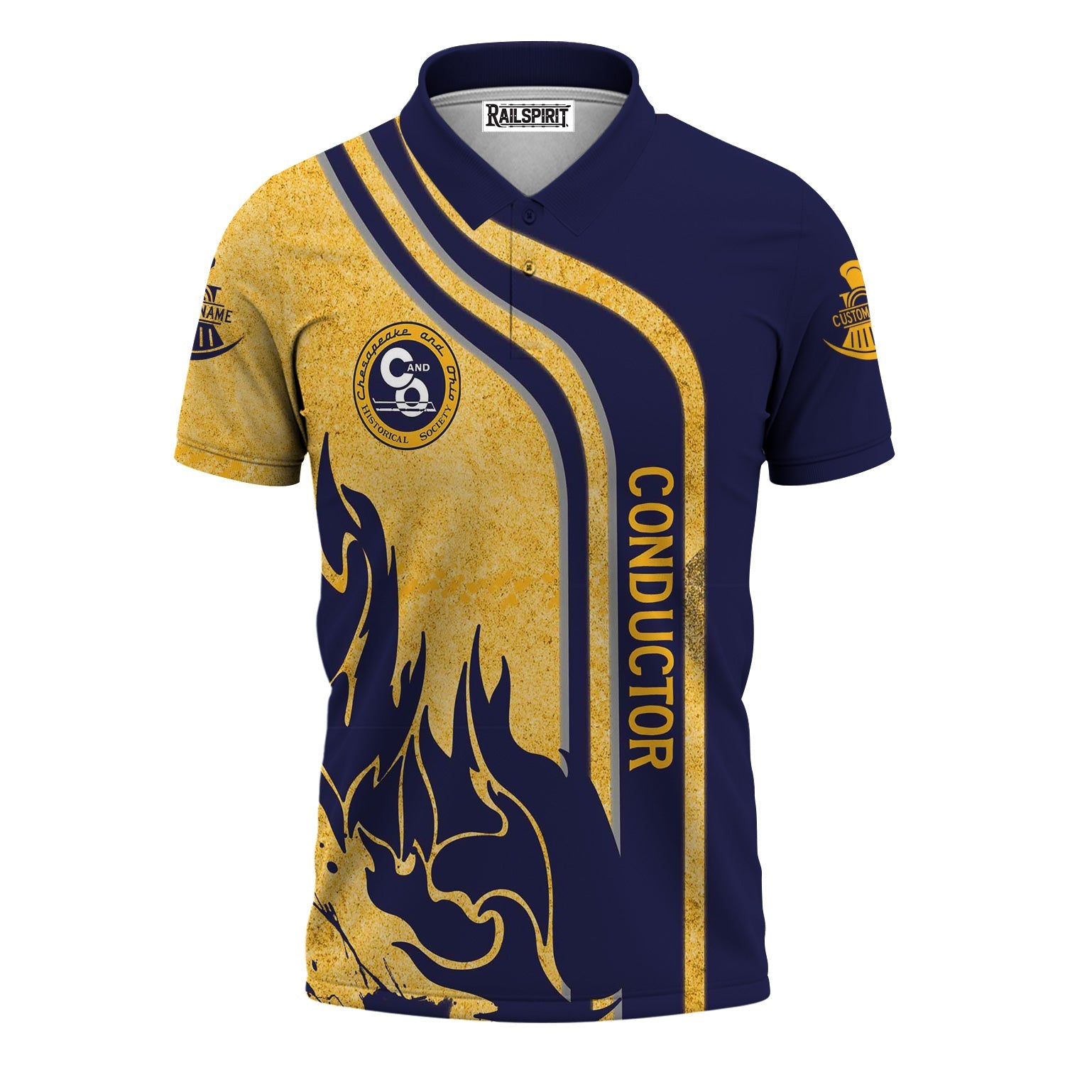 Railspirit Personalized Chesapeake and Ohio Railway Polo Shirt Flame Design with Custom Job Position C&O Train Shirt