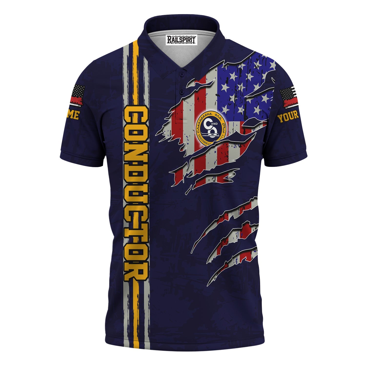 Railspirit Personalized Chesapeake and Ohio Railway Polo Shirt USA Flag Claw Art with Custom Job C&O Train Shirt