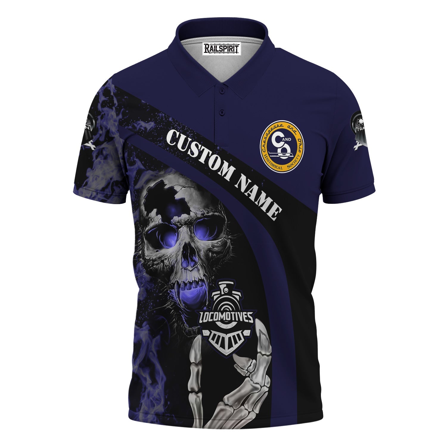 Railspirit Personalized Chesapeake and Ohio Railway Polo Shirt Flame Skull Design C&O Train Shirt for Locomotive Fans