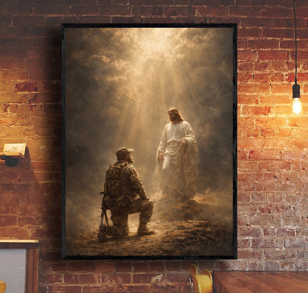 Jesus and Soldier Wall Art, Christian Faith Canvas Print, Military Prayer Artwork, Spiritual Protection Art, Christian Home Decor