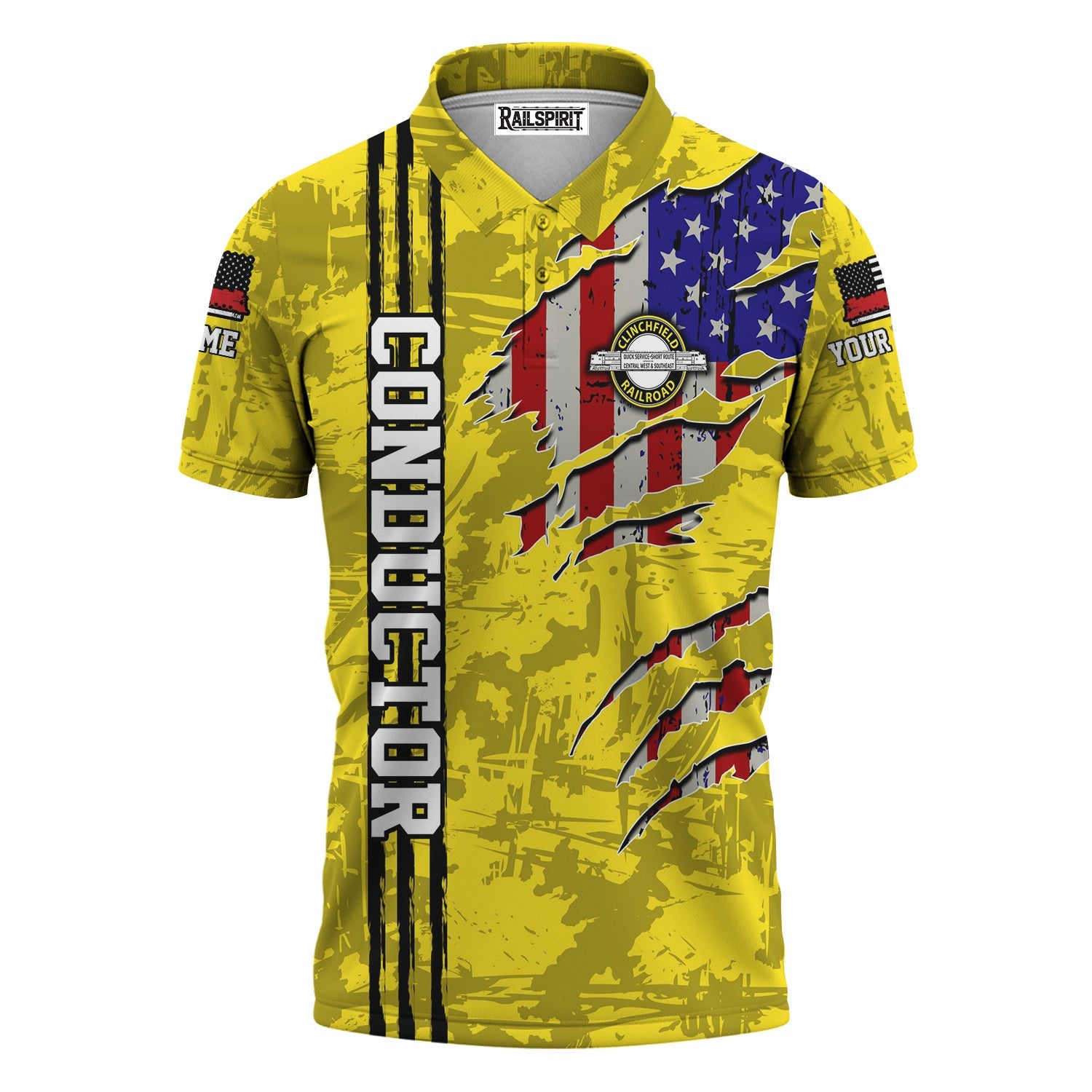Railspirit Personalized Clinchfield Railroad Polo Shirt USA Flag Claw Art with Custom Job Train Shirt