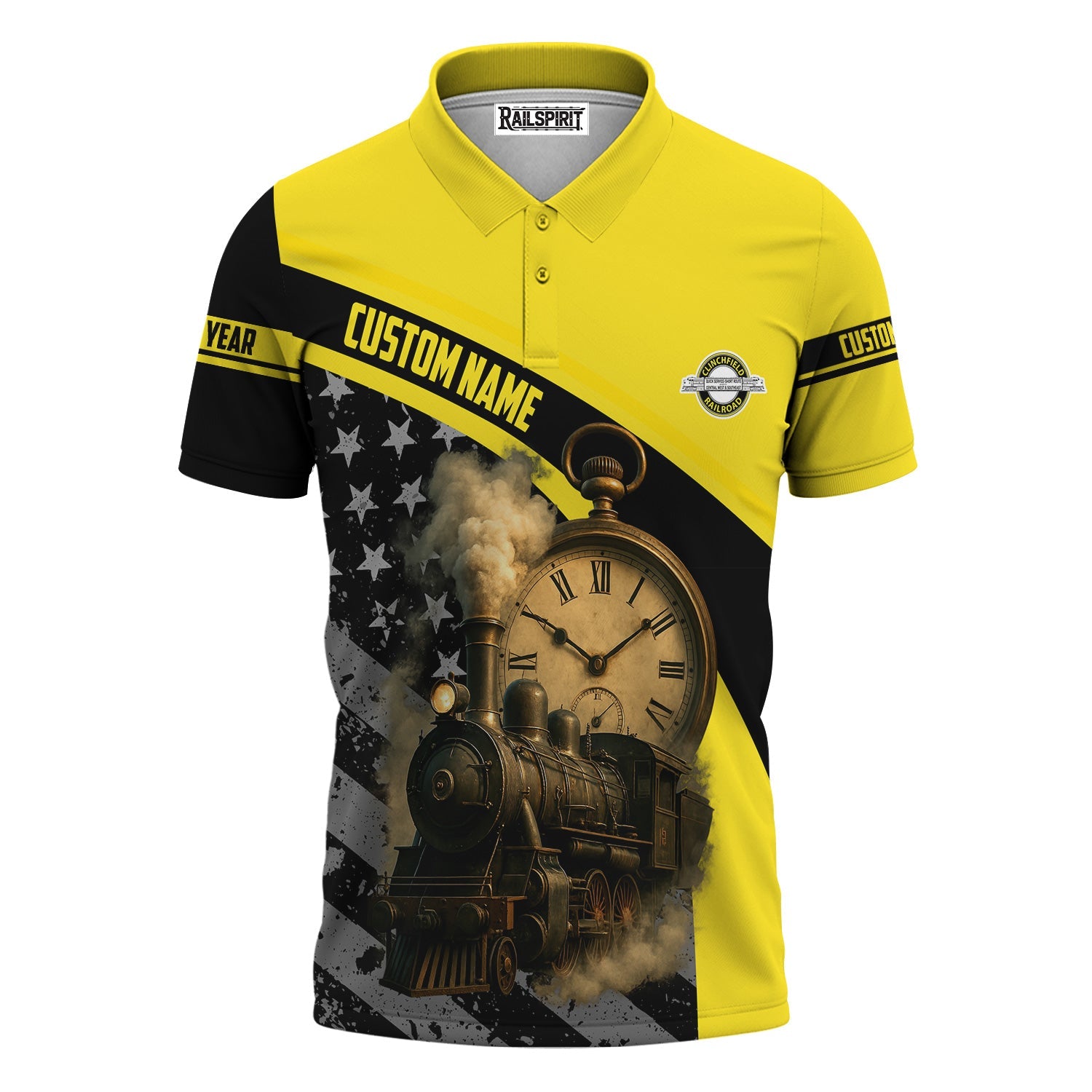 Railspirit Personalized Clinchfield Railroad Polo Shirt Classic Steam Engine With Retro Pocket Watch Shirt All Over Print