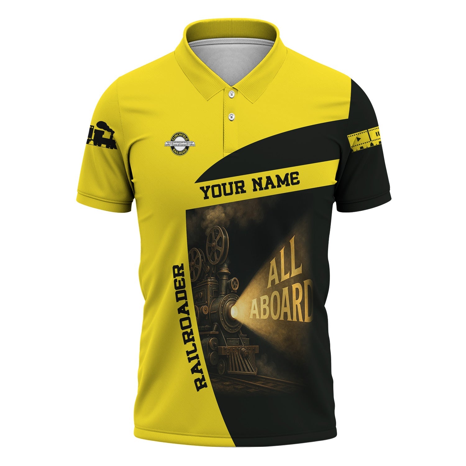Railspirit Personalized Clinchfield Railroad Polo Shirt All Aboard Steam Train Movie Projector Style Shirt