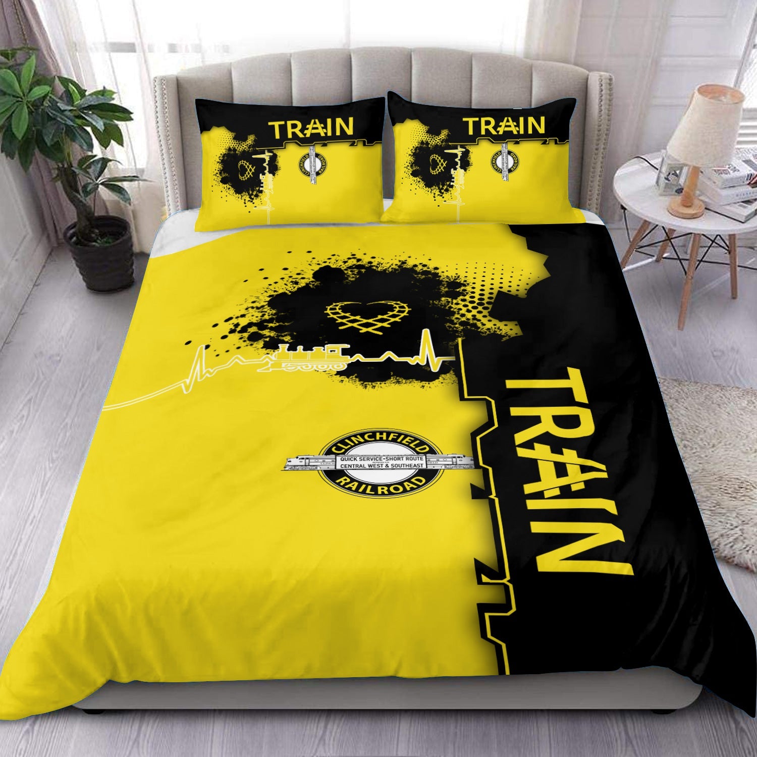 Railspirit Clinchfield Railroad Bedding Set Engine Heartbeat and Track Love Style Bedding Set Gift Idea For Train Lovers