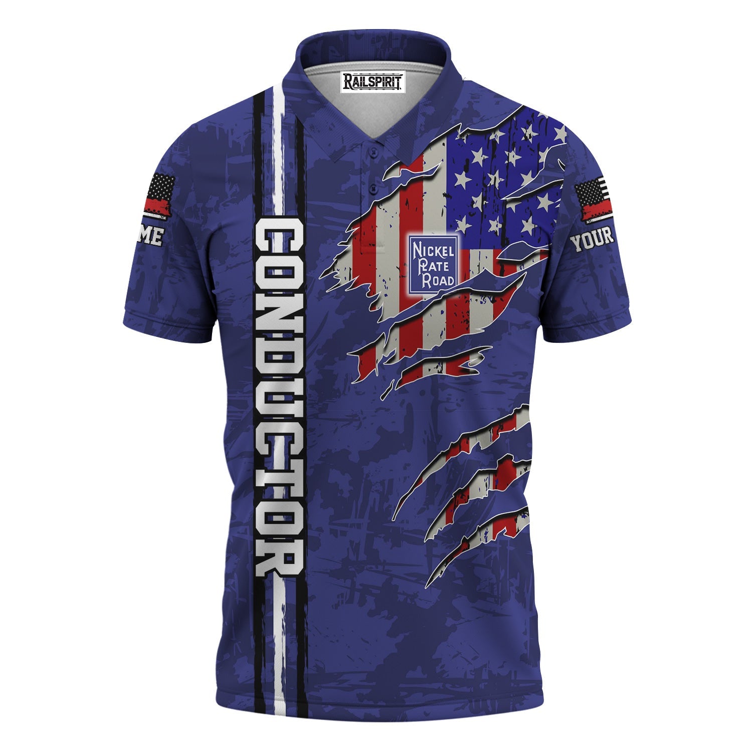 Railspirit Personalized New York, Chicago and St. Louis Railroad Polo Shirt USA Flag Claw Art with Custom Job Nickel Plate Road Train Shirt