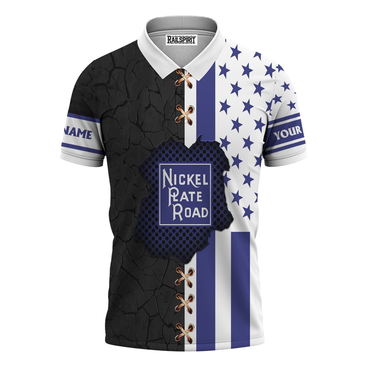 Railspirit Personalized New York, Chicago and St. Louis Railroad Polo Shirt American Flag with Crack Effect Nickel Plate Road Train Shirt