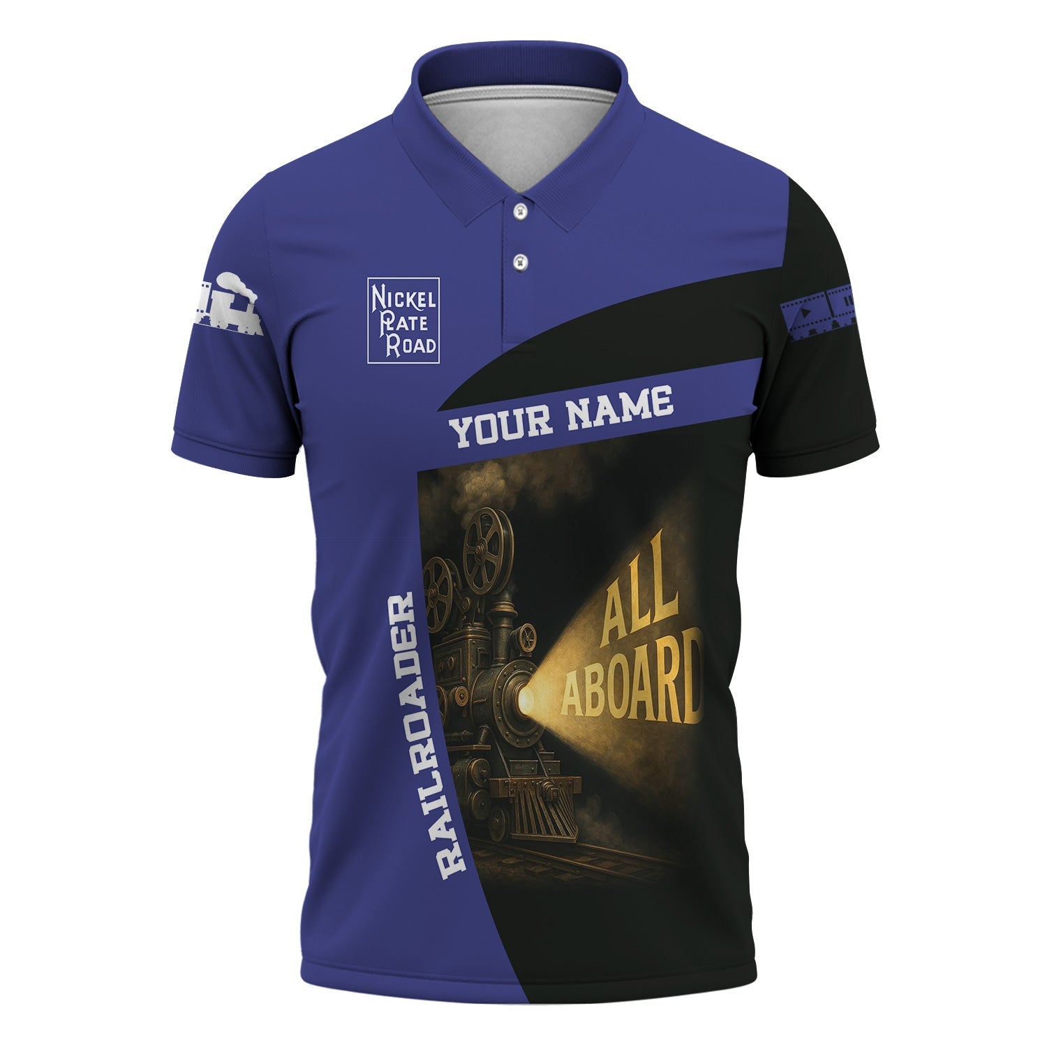 Railspirit Personalized New York, Chicago and St. Louis Railroad Polo Shirt All Aboard Steam Train Movie Projector Style Nickel Plate Road Shirt