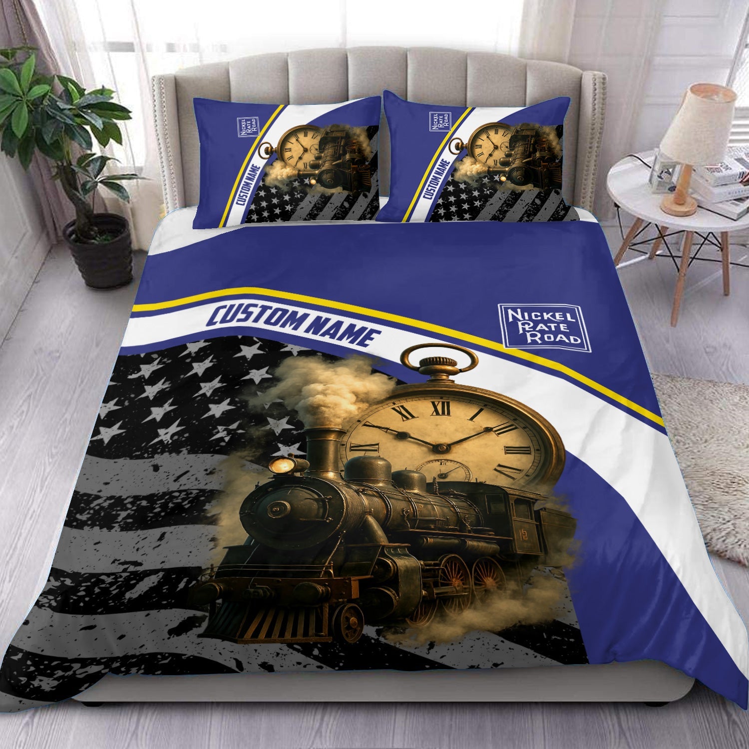 Railspirit Personalized New York, Chicago and St. Louis Railroad Bedding Set Steam Engine With Retro Pocket Watch Nickel Plate Road Bedding Set