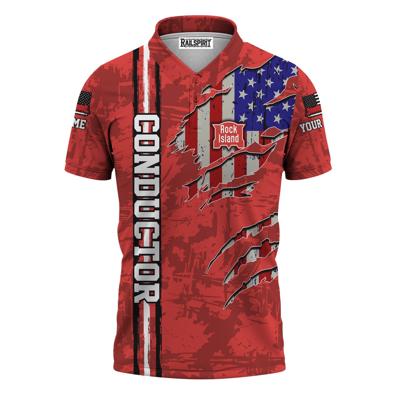 Railspirit Personalized Chicago, Rock Island and Pacific Railroad Polo Shirt USA Flag Claw Art with Custom Job Rock Island Railroad Train Shirt