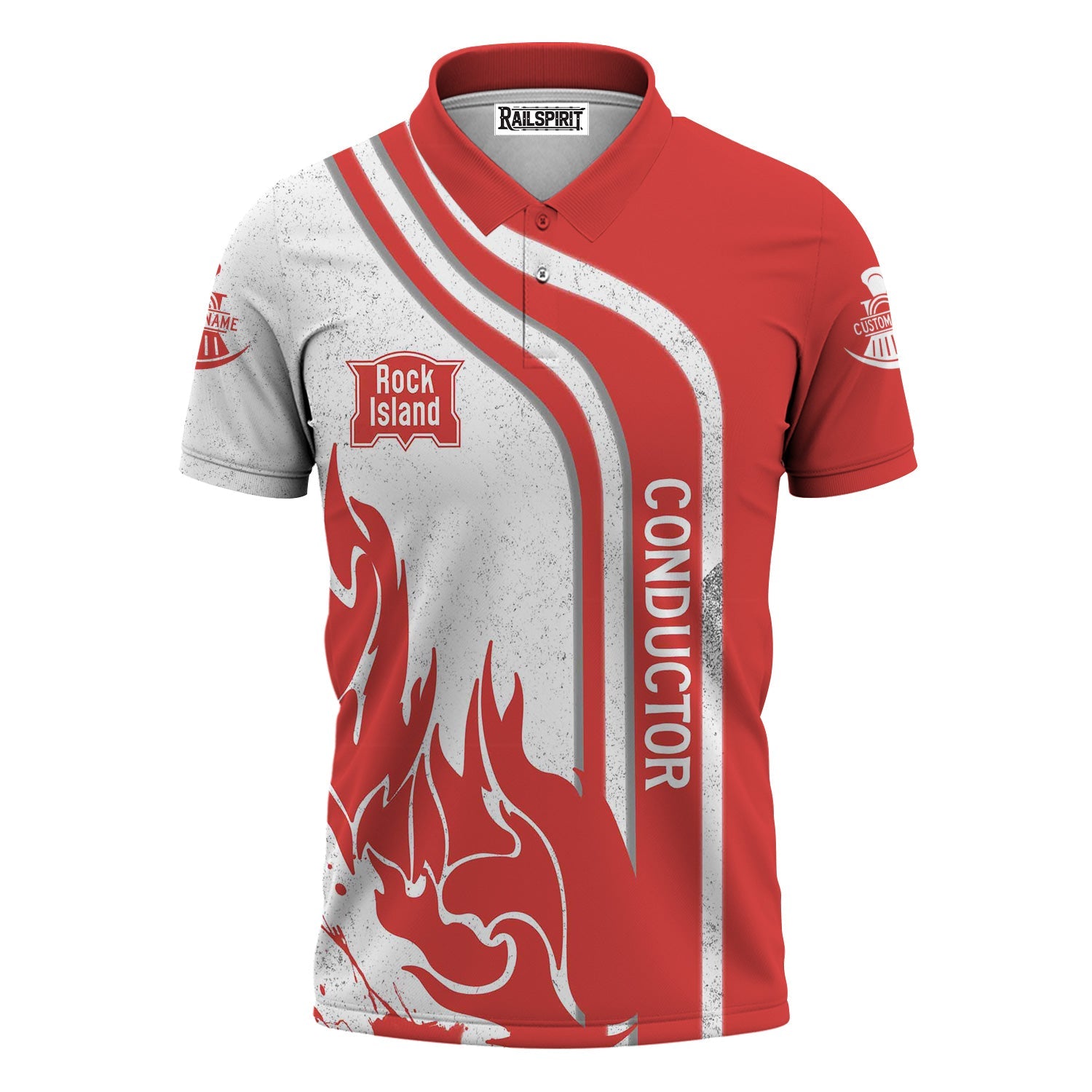 Railspirit Personalized Chicago, Rock Island and Pacific Railroad Polo Shirt Flame Design with Custom Job Position Rock Island Railroad Train Shirt