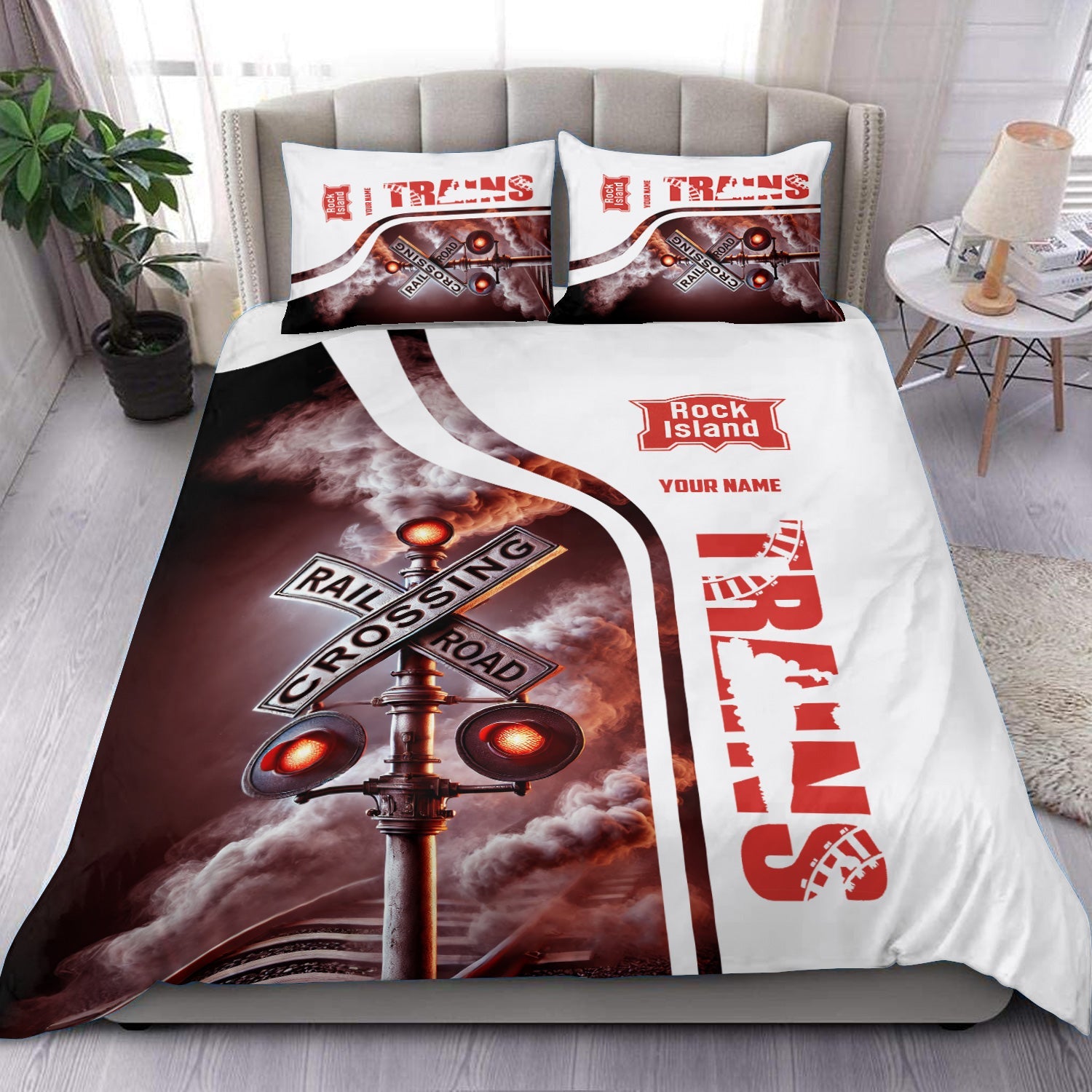 Railspirit Personalized Chicago, Rock Island and Pacific Railroad Bedding Set Railroad Crossing Sign Rock Island Railroad Bedding Set All Over Print