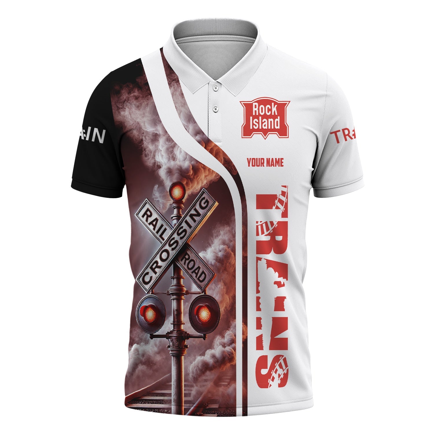 Railspirit Personalized Chicago, Rock Island and Pacific Railroad Polo Shirt Crossing Railroad Sign American Locomotive Train Shirt