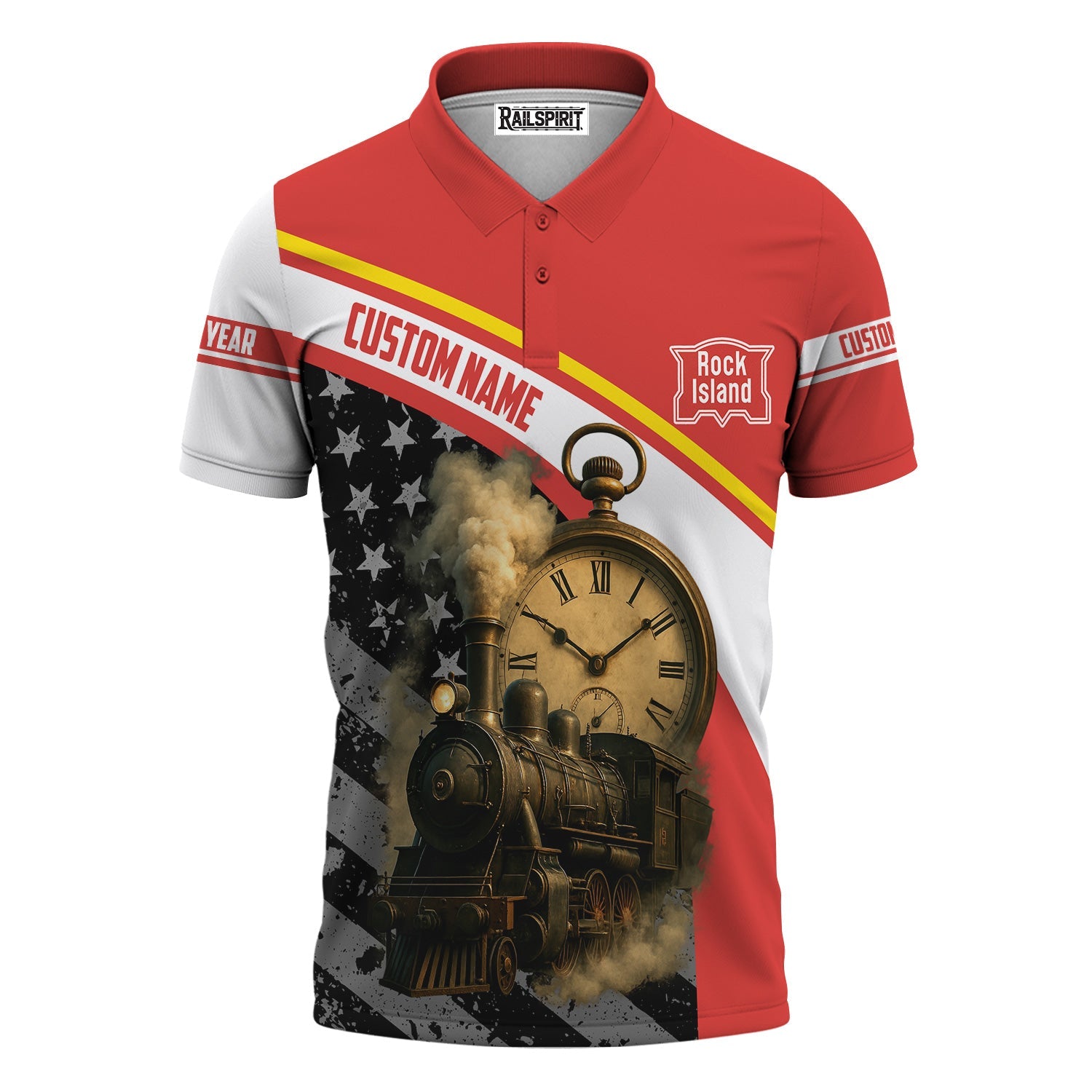 Railspirit Personalized Chicago, Rock Island and Pacific Railroad Polo Shirt Classic Steam Engine With Retro Pocket Watch Rock Island Railroad Shirt