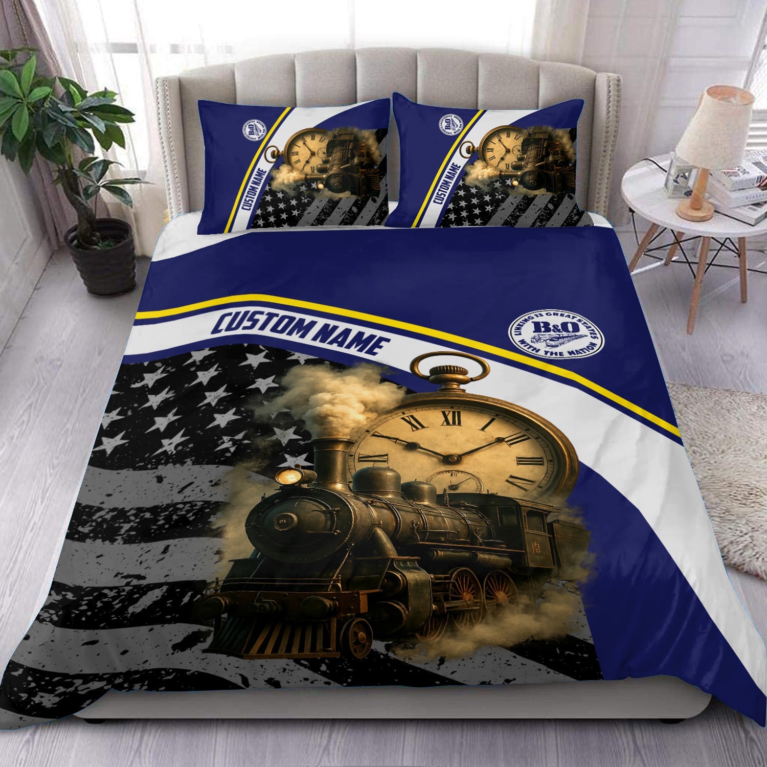 Railspirit Personalized B&O Great States Railroad Bedding Set Classic Steam Engine With Retro Pocket Watch Bedding Set All Over Print