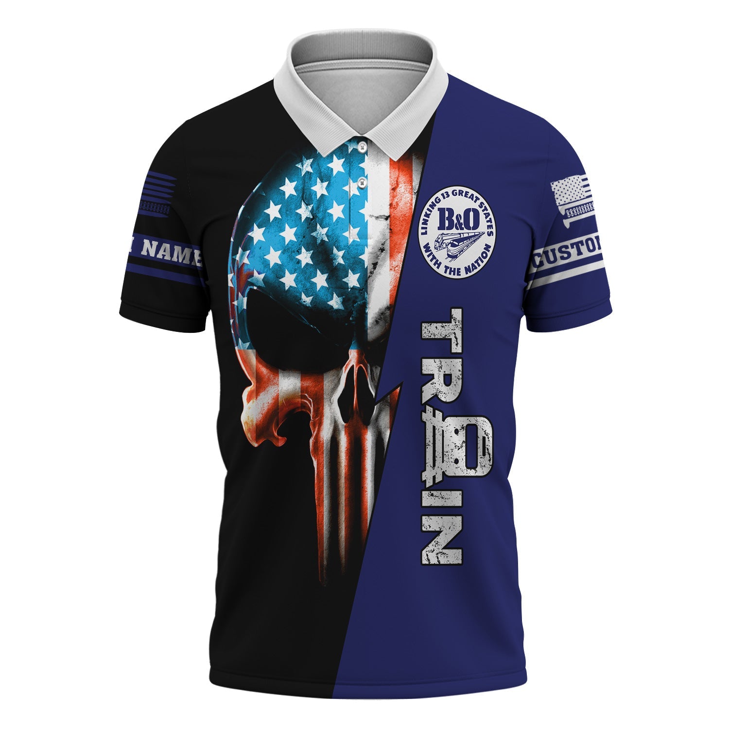 Railspirit Personalized B&O Great States Railroad Polo Shirt Train Skull American Flag Shirt All Over Print