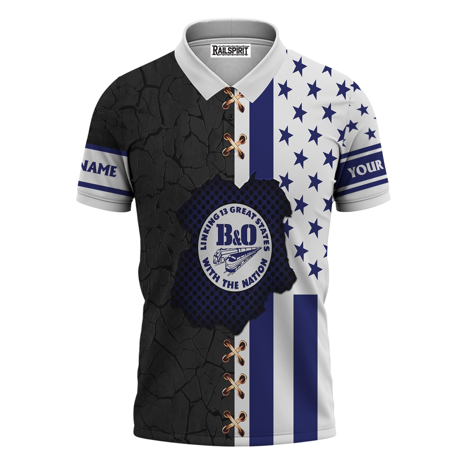 Railspirit Personalized B&O Great States Railroad Polo Shirt American Flag with Crack Effect Train Shirt