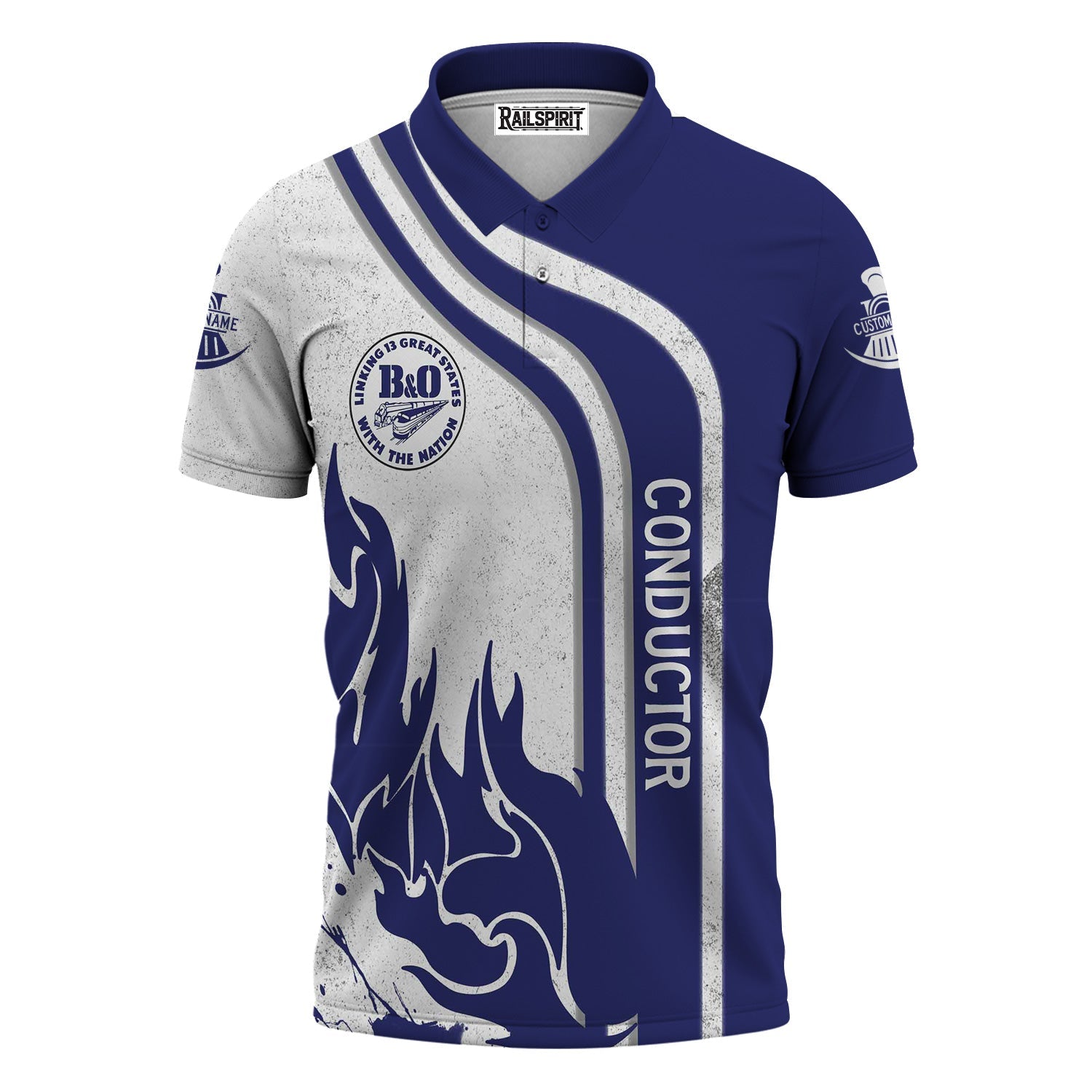 Railspirit Personalized B&O Great States Railroad Polo Shirt Flame Design with Custom Job Position Train Shirt