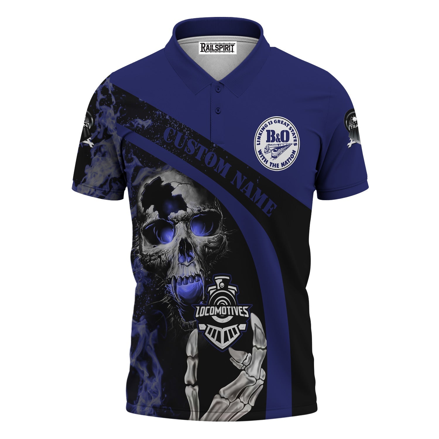 Railspirit Personalized B&O Great States Railroad Polo Shirt Flame Skull Design Train Shirt for Locomotive Fans