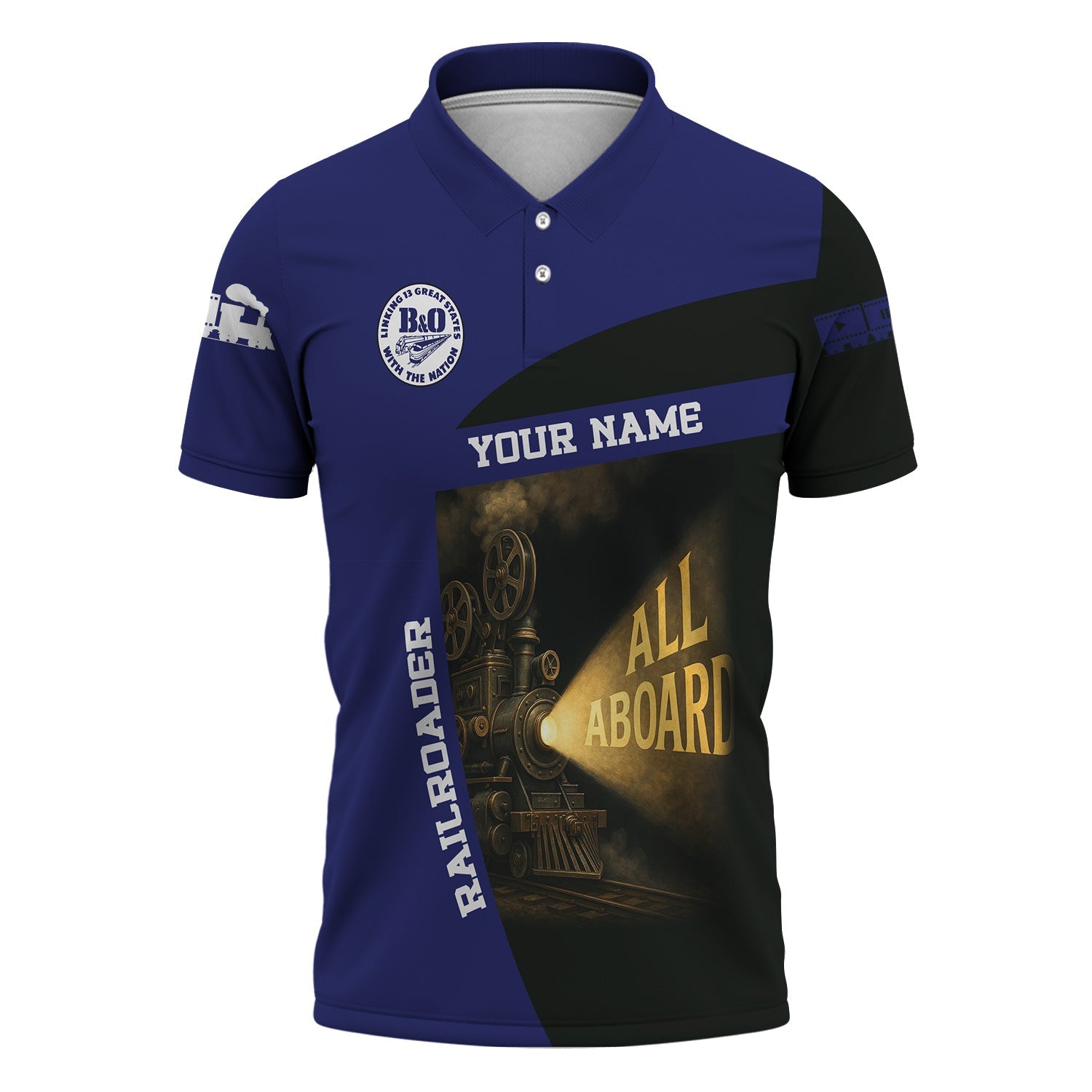 Railspirit Personalized B&O Great States Railroad Polo Shirt All Aboard Steam Train Movie Projector Style Shirt