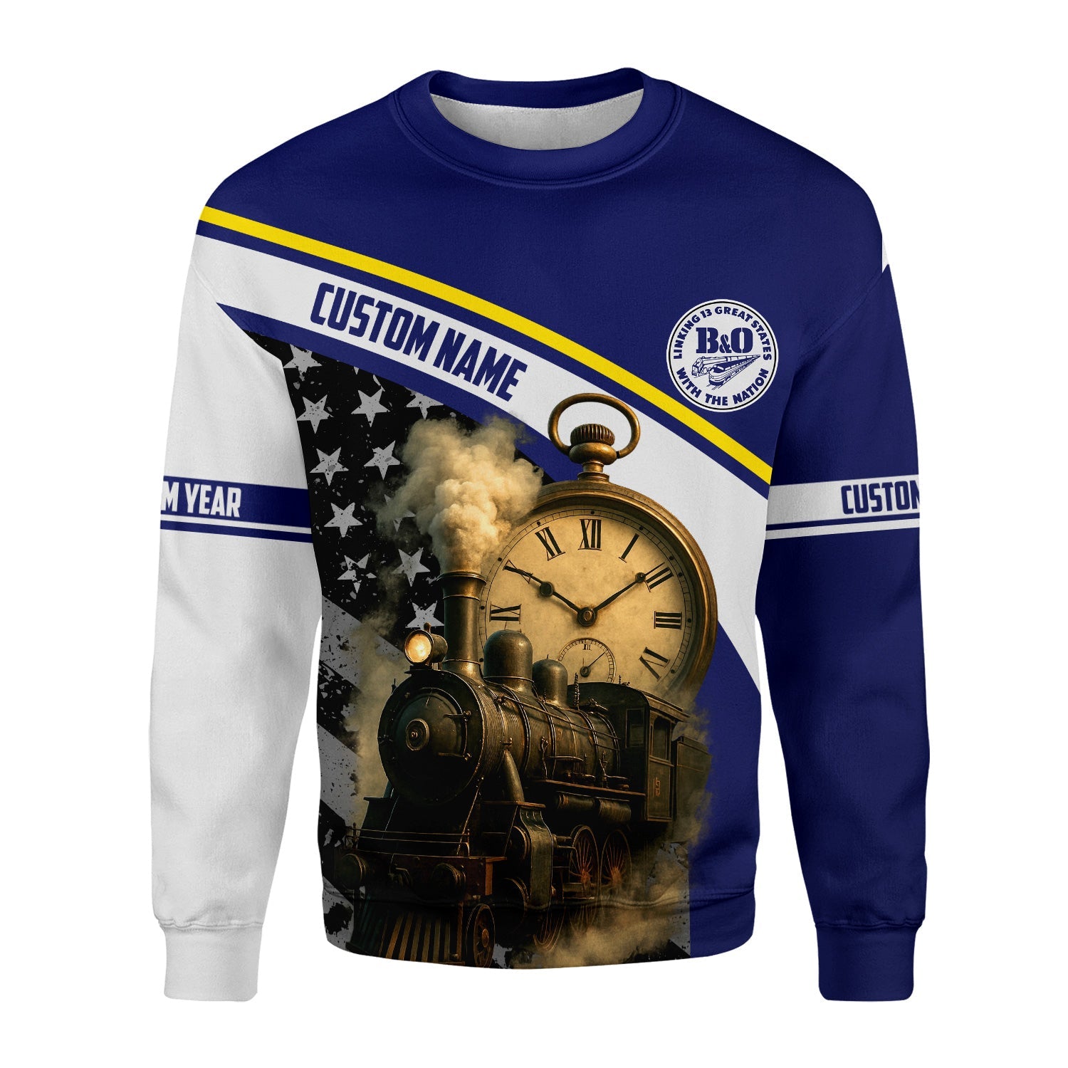 Railspirit Personalized B&O Great States Railroad Sweatshirt Classic Steam Engine With Retro Pocket Watch Shirt All Over Print