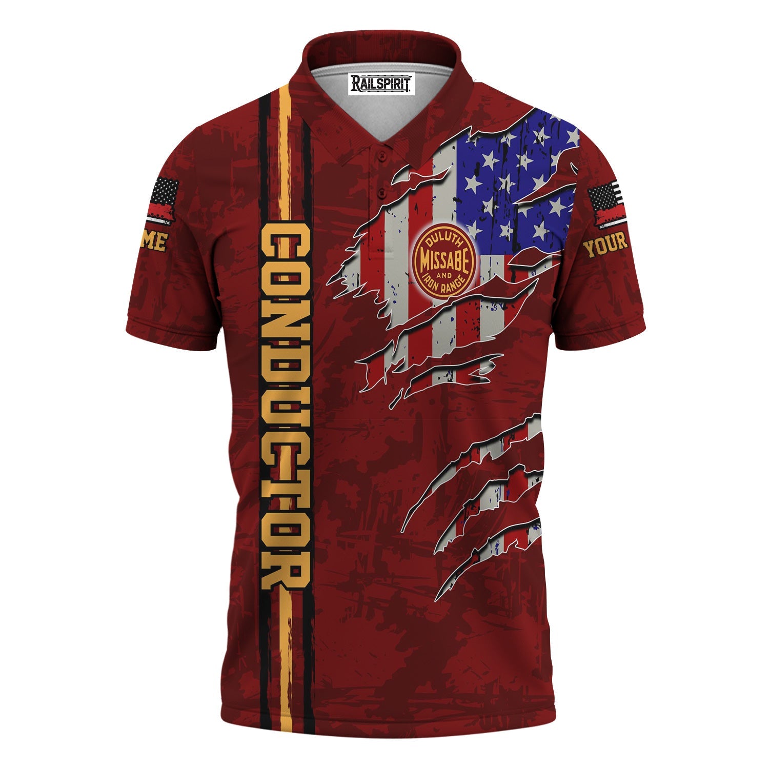 Railspirit Personalized Duluth, Missabe, & Iron Range Railroad Polo Shirt USA Flag Claw Art with Custom Job Train Shirt
