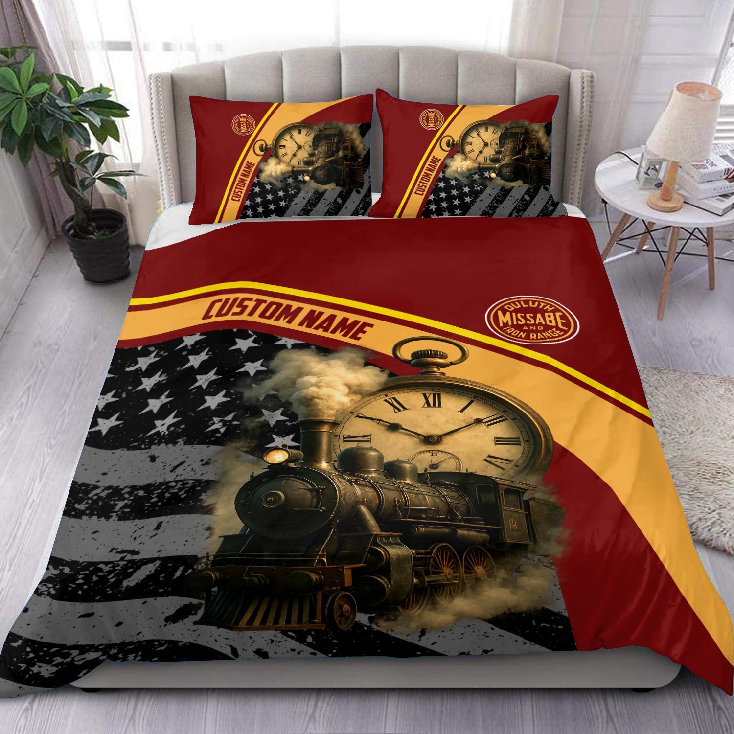 Railspirit Personalized Duluth, Missabe, & Iron Range Railroad Bedding Set Classic Steam Engine With Retro Pocket Watch Bedding Set All Over Print