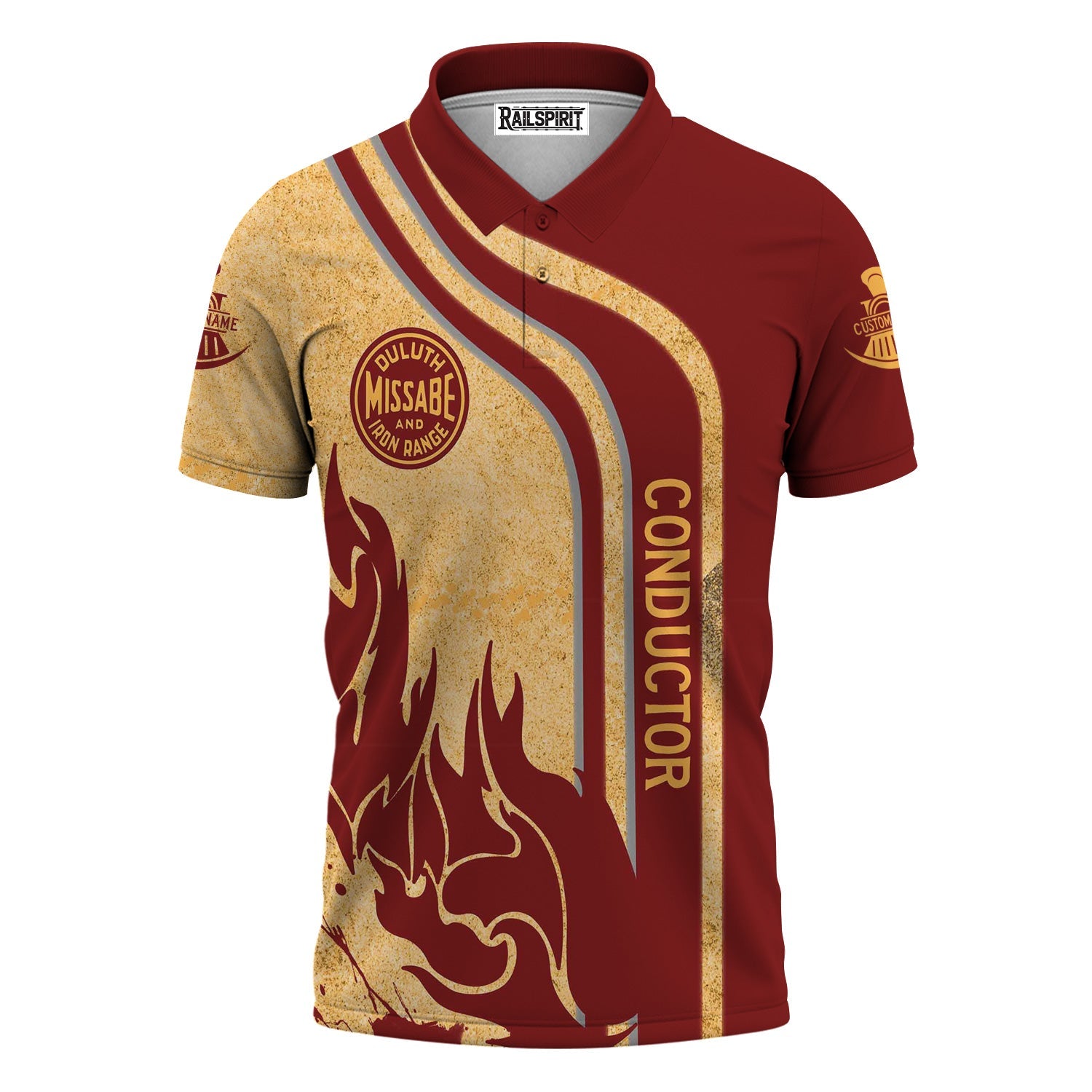 Railspirit Personalized Duluth, Missabe, & Iron Range Railroad Polo Shirt Flame Design with Custom Job Position Train Shirt