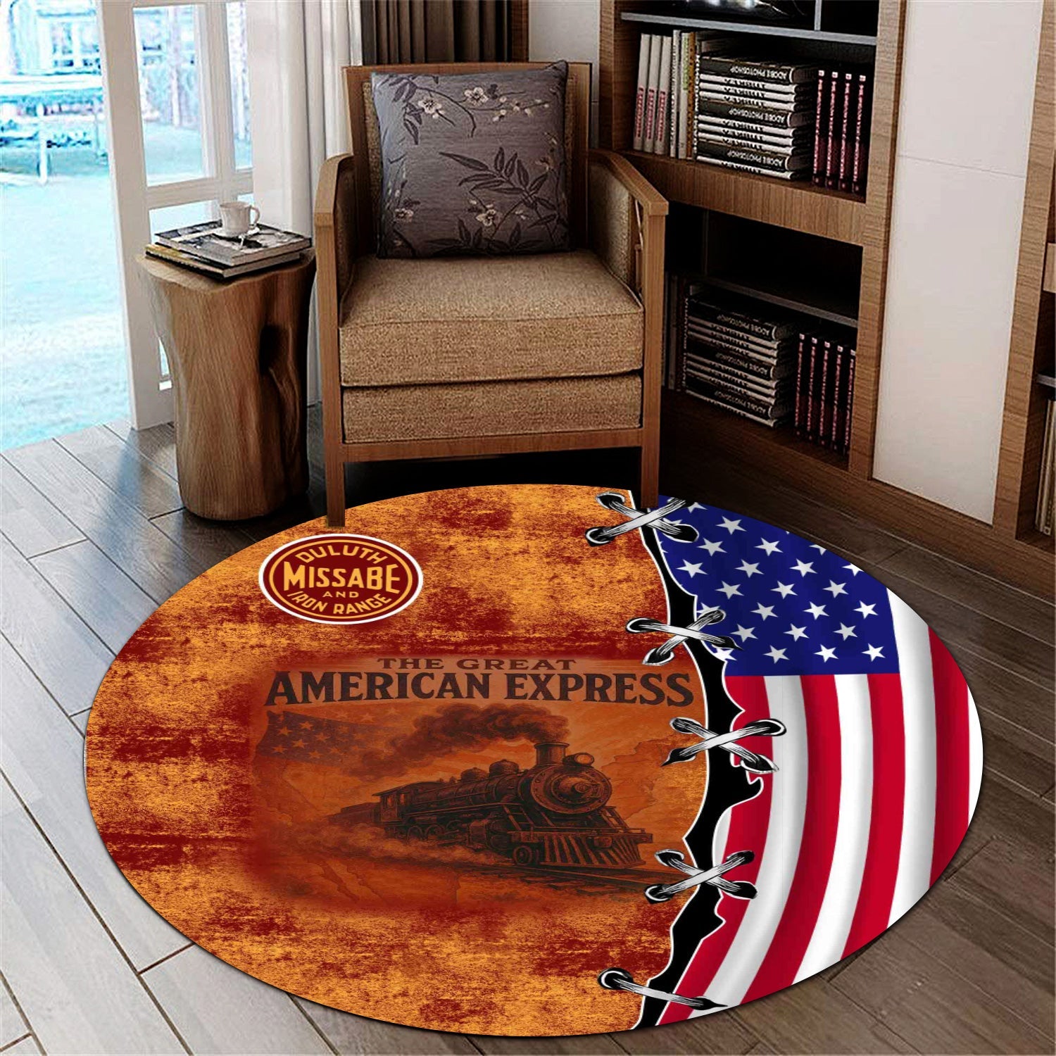 Railspirit Duluth, Missabe, & Iron Range Railroad Round Mat Retro American Express Train With USA Flag Round Mat
