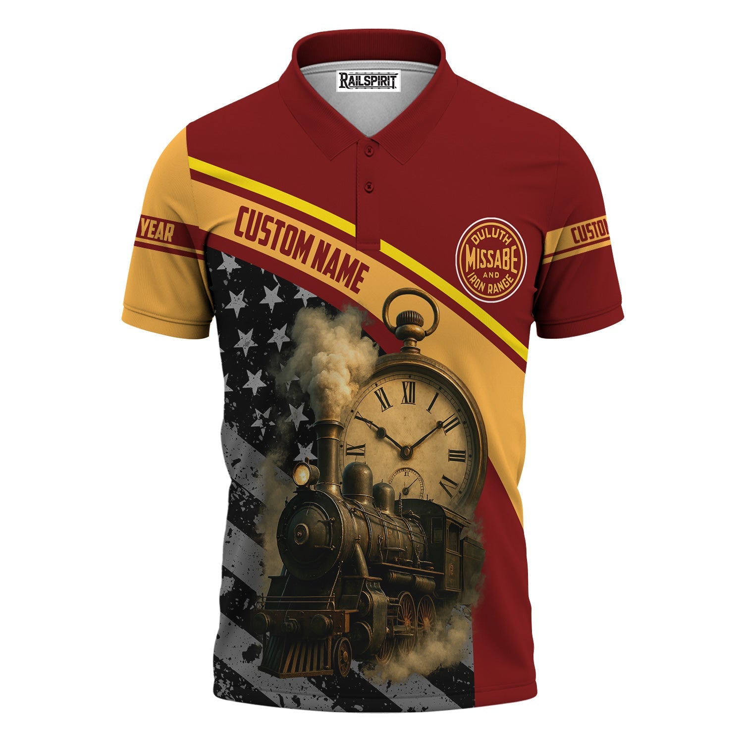 Railspirit Personalized Duluth, Missabe, & Iron Range Railroad Polo Shirt Classic Steam Engine With Retro Pocket Watch Shirt All Over Print