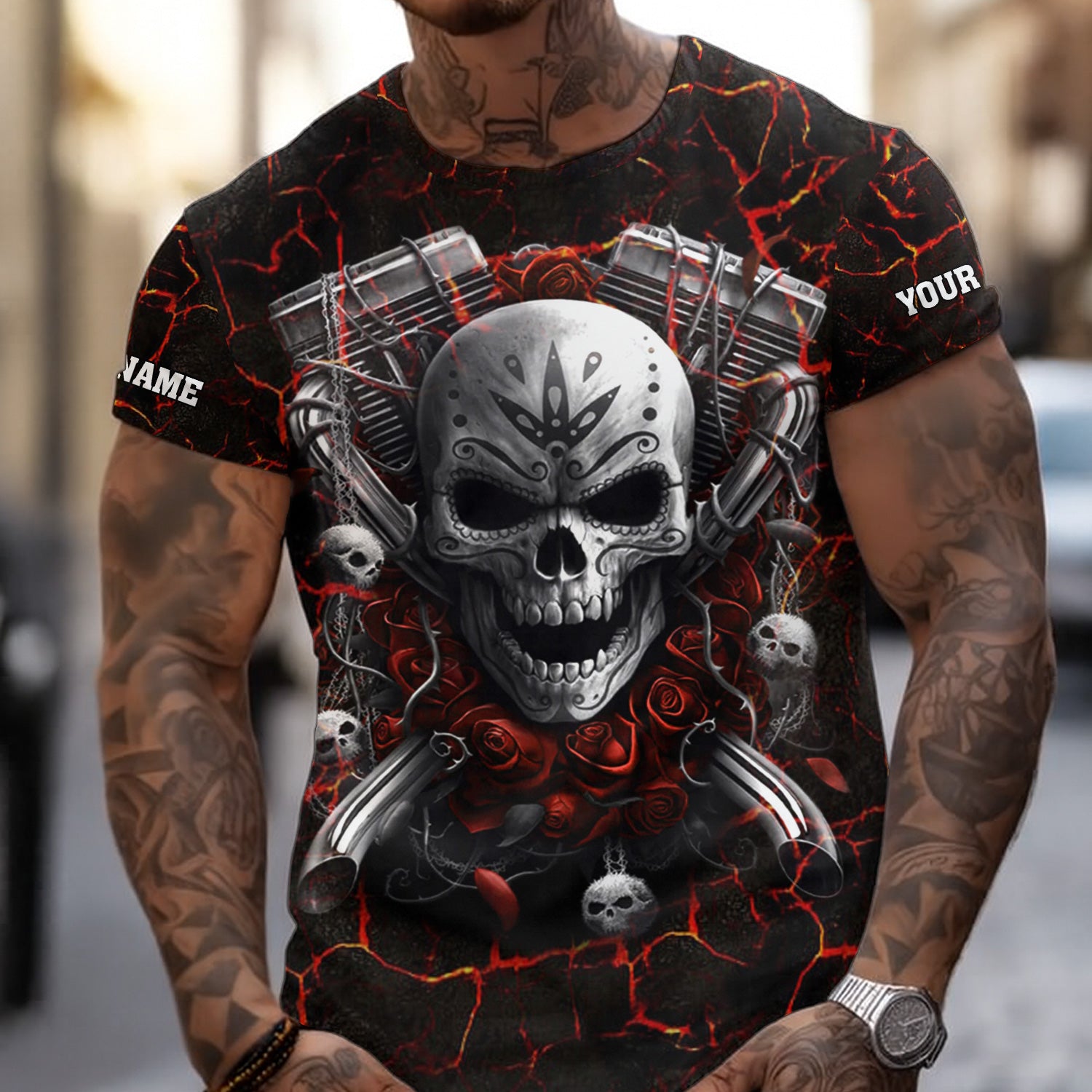 Custom Name Mechanic Shirt Machine Skull Flame Style T Shirt All Over Print