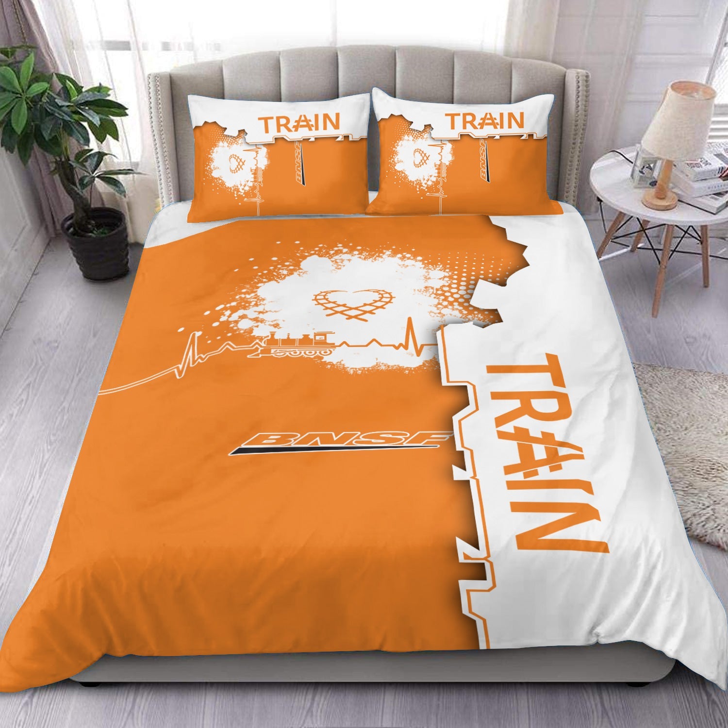 Railspirit BNSF Railway Bedding Set Engine Heartbeat and Track Love Style Bedding Set Gift Idea For Train Lovers
