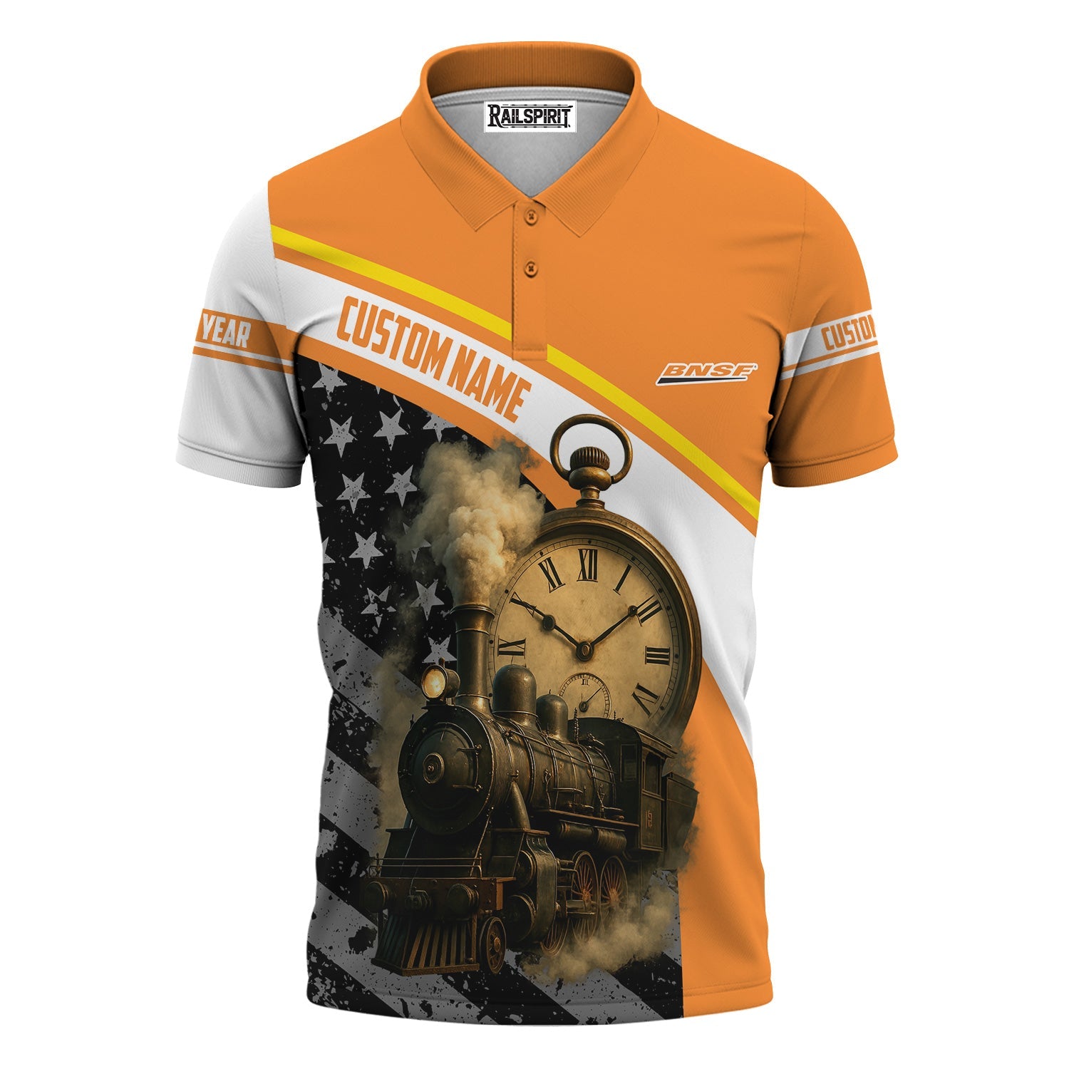 Railspirit Personalized BNSF Railway Polo Shirt Classic Steam Engine With Retro Pocket Watch Shirt All Over Print
