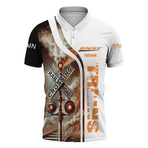 Railspirit Personalized BNSF Railway Polo Shirt Crossing Railroad Sign American Locomotive Train Shirt All Over Print