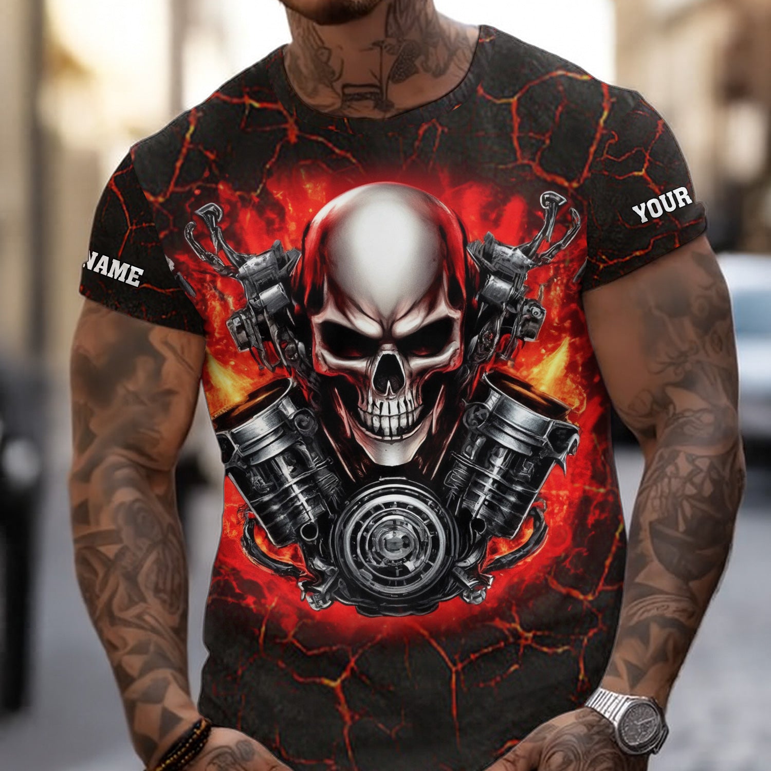 Custom Name Skull Mechanic Shirt Flame Style Printed Jacket Hoodie All Over Print