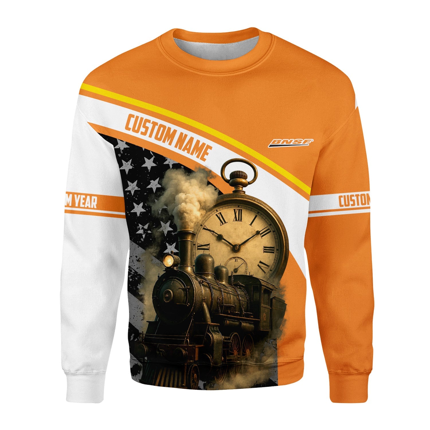 Railspirit Personalized BNSF Railway Sweatshirt Classic Steam Engine With Retro Pocket Watch Shirt All Over Print