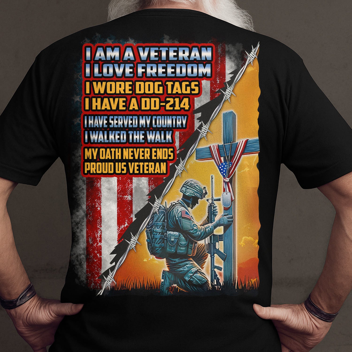 I Am a Veteran My Oath Never Ends T-Shirt, Proud US Veteran Tee with Dog Tags, Cross & American Flag, Honoring Military Service & Freedom