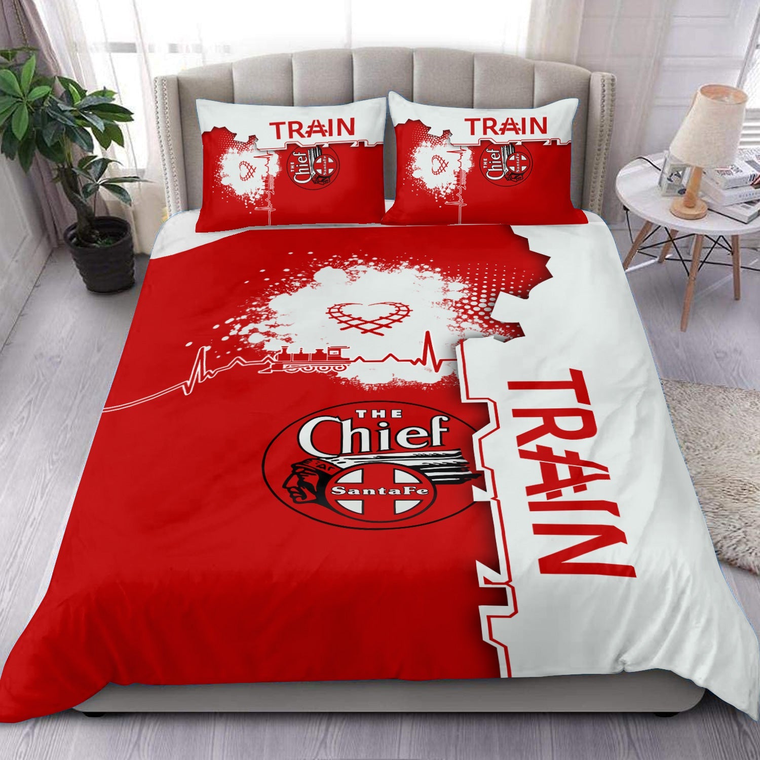 Railspirit The Chief Santa Fe Railroad Bedding Set Engine Heartbeat and Track Love Style Bedding Set Gift Idea For Train Lovers
