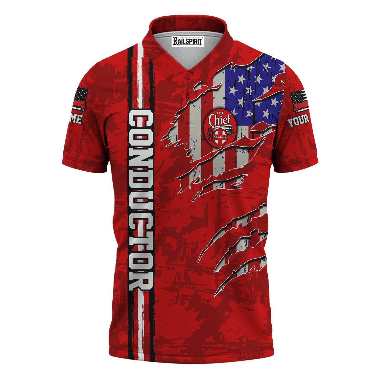 Railspirit Personalized The Chief Santa Fe Railroad Polo Shirt USA Flag Claw Art with Custom Job Train Shirt