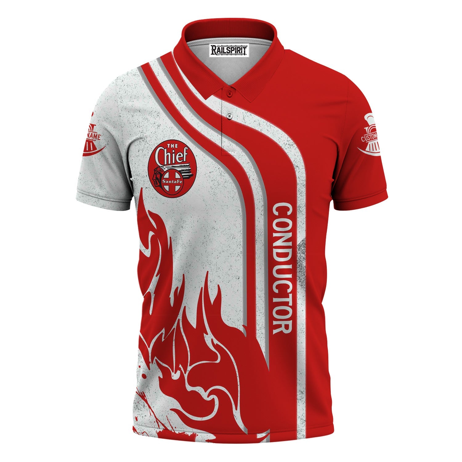 Railspirit Personalized The Chief Santa Fe Railroad Polo Shirt Flame Design with Custom Job Position Train Shirt