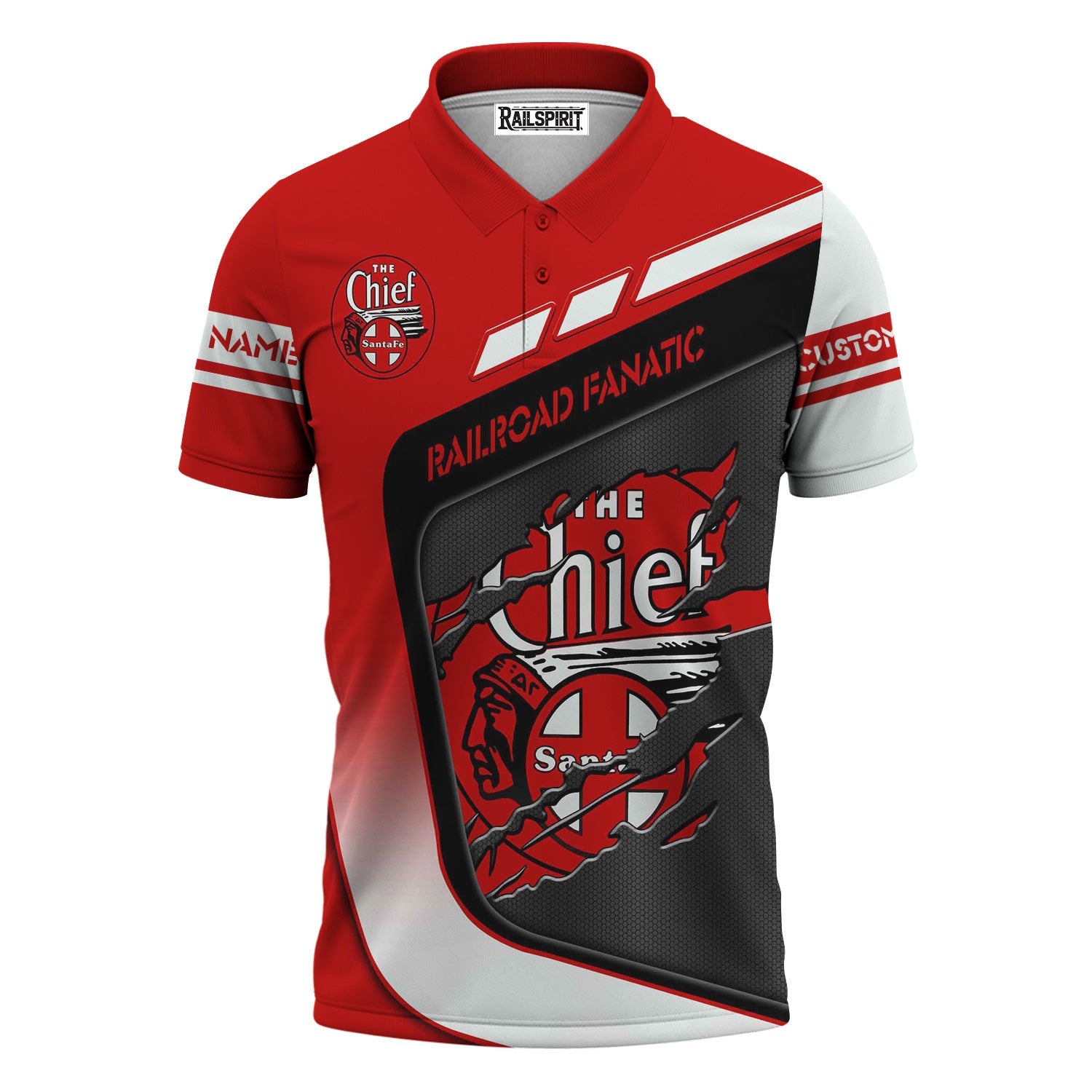 Railspirit Personalized The Chief Santa Fe Railroad Polo Shirt Ripped Texture Style Train Shirt For Railroad Fanatic