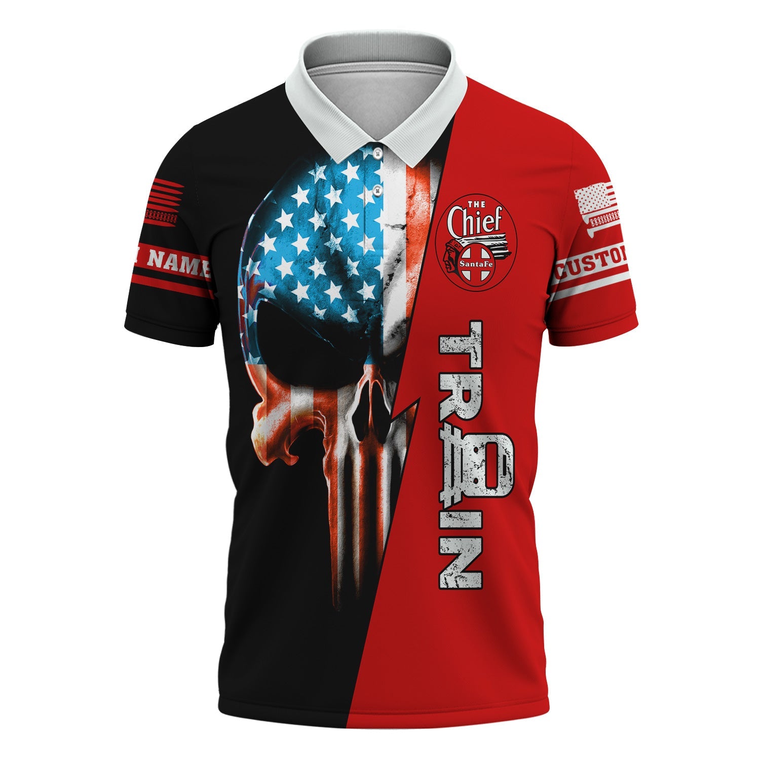 Railspirit Personalized The Chief Santa Fe Railroad Polo Shirt Train Skull American Flag Shirt All Over Print