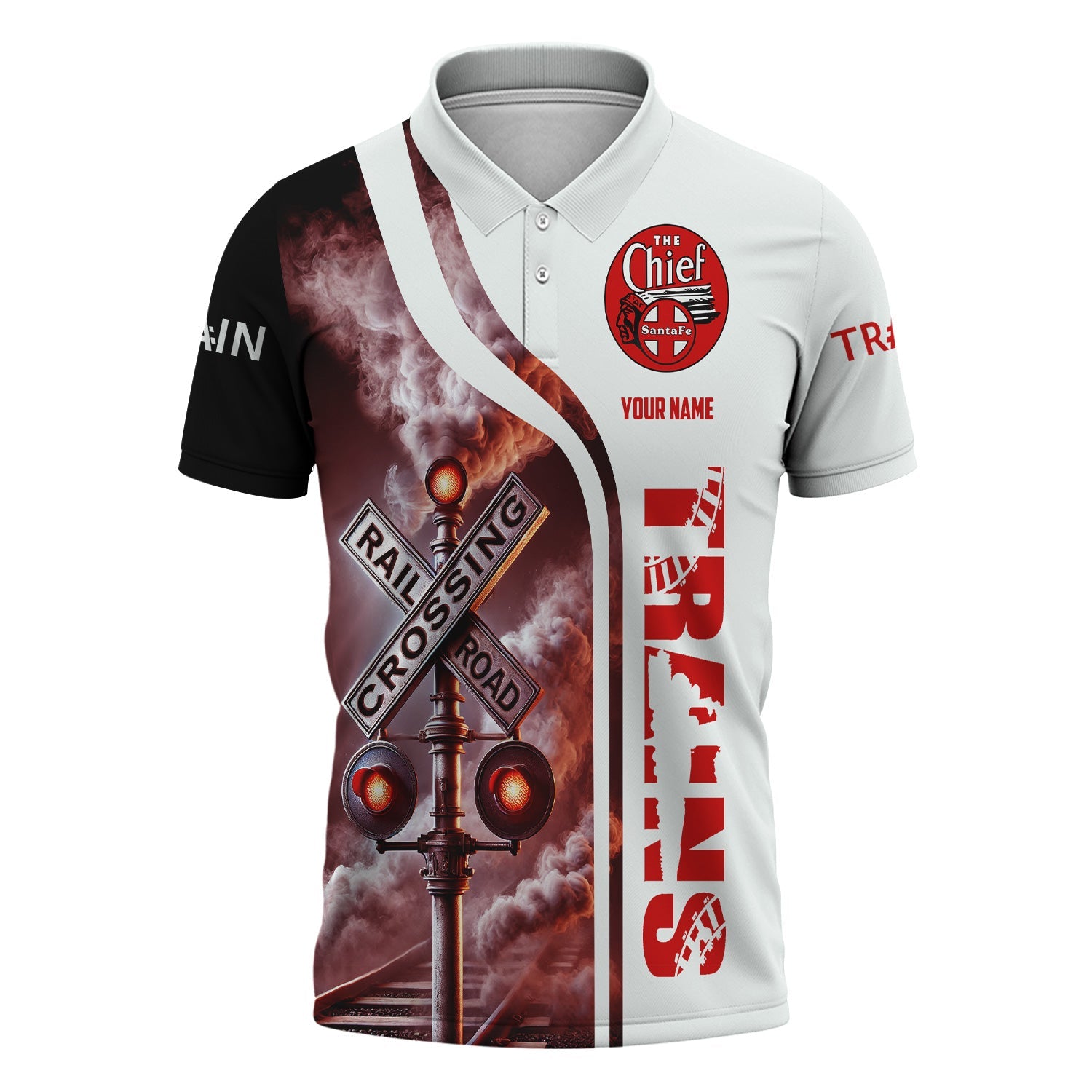 Railspirit Personalized The Chief Santa Fe Railroad Polo Shirt Crossing Railroad Sign American Locomotive Train Shirt All Over Print