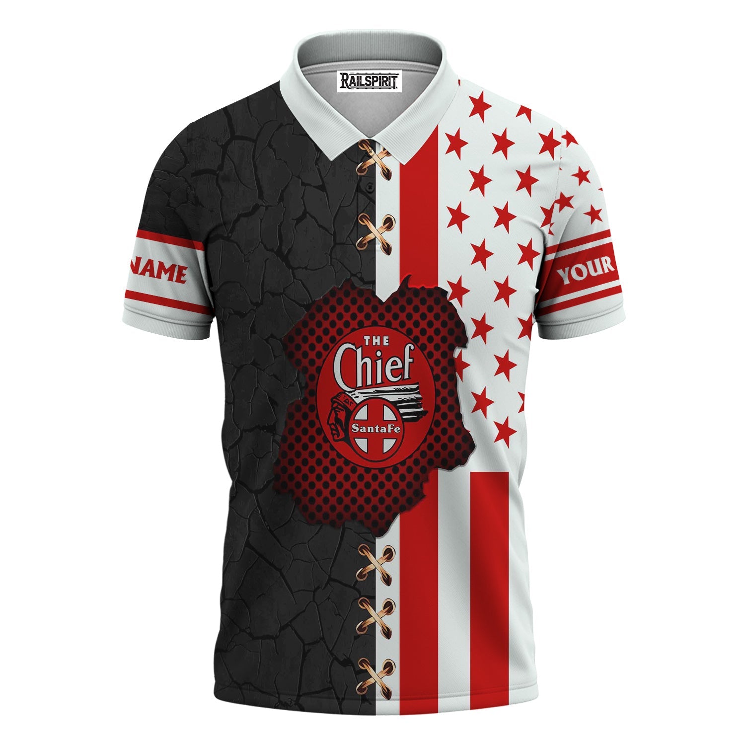 Railspirit Personalized The Chief Santa Fe Railroad Polo Shirt American Flag with Crack Effect Train Shirt