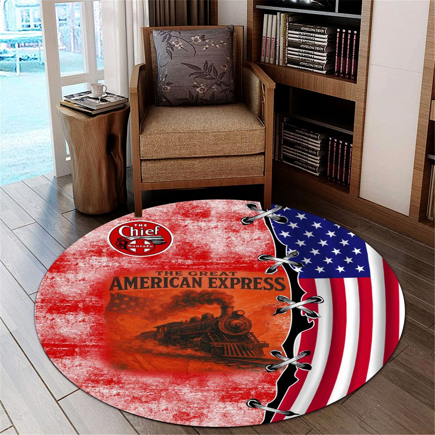 Railspirit The Chief Santa Fe Railroad Round Mat Retro American Express Train With USA Flag Round Mat